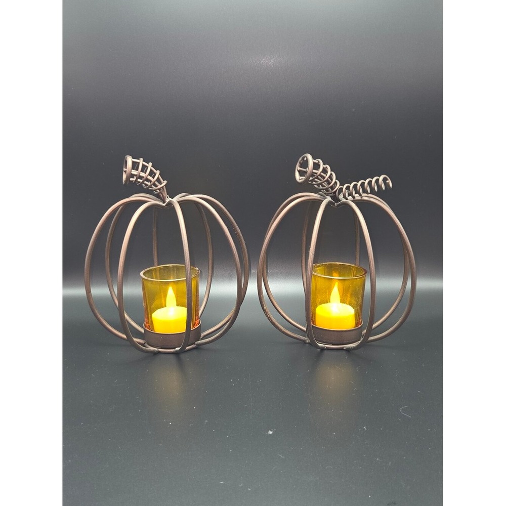 Brown Metal Wrought Iron Rustic Pumpkin Candle Holder Fall Seasonal Decor Set x2